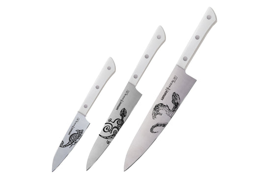 HARAKIRI TATTOO Set of 3 White Knives - Maori - Chef's Knife, Utility Knife, Paring Knife