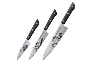 HARAKIRI TATTOO Set of 3 Black Knives - Maori - Chef's Knife, Utility Knife, Paring Knife