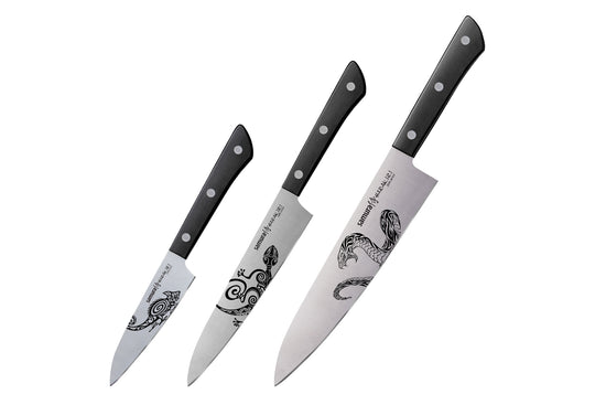 HARAKIRI TATTOO Set of 3 Black Knives - Maori - Chef's Knife, Utility Knife, Paring Knife