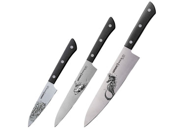 HARAKIRI TATTOO Set of 3 Black Knives - Steampunk Sea - Chef's Knife, Utility Knife, Paring Knife