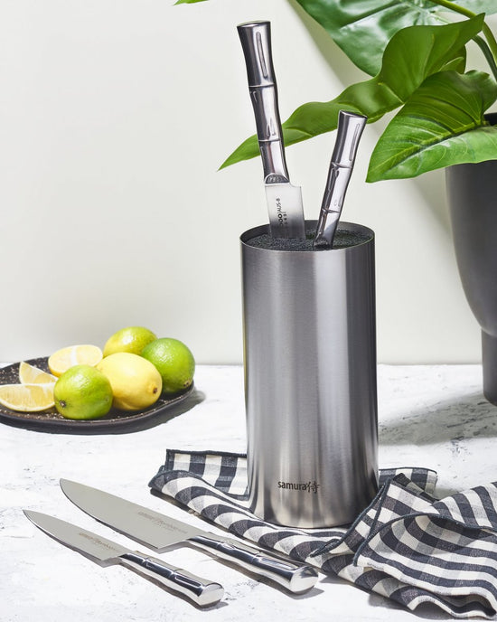 SAMURA Stainless Steel Knife Block - Universal Knife Holder with Removable Bristles - Bamboo Collection